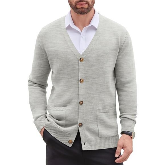Men's Cardigan Sweater with Pockets Light Grey